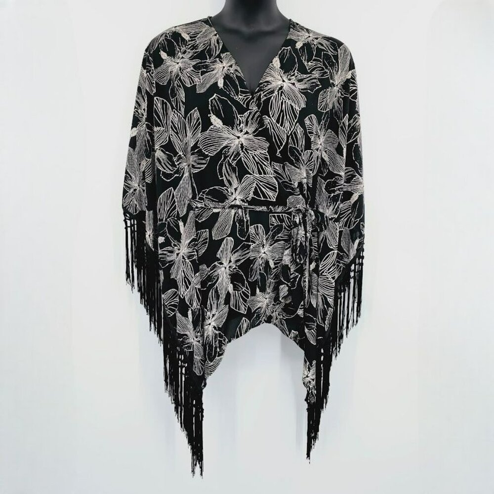 Free Press Kimono Cardigan Top L Black Ivory Floral Fringe Boho Tie Oversize Fit